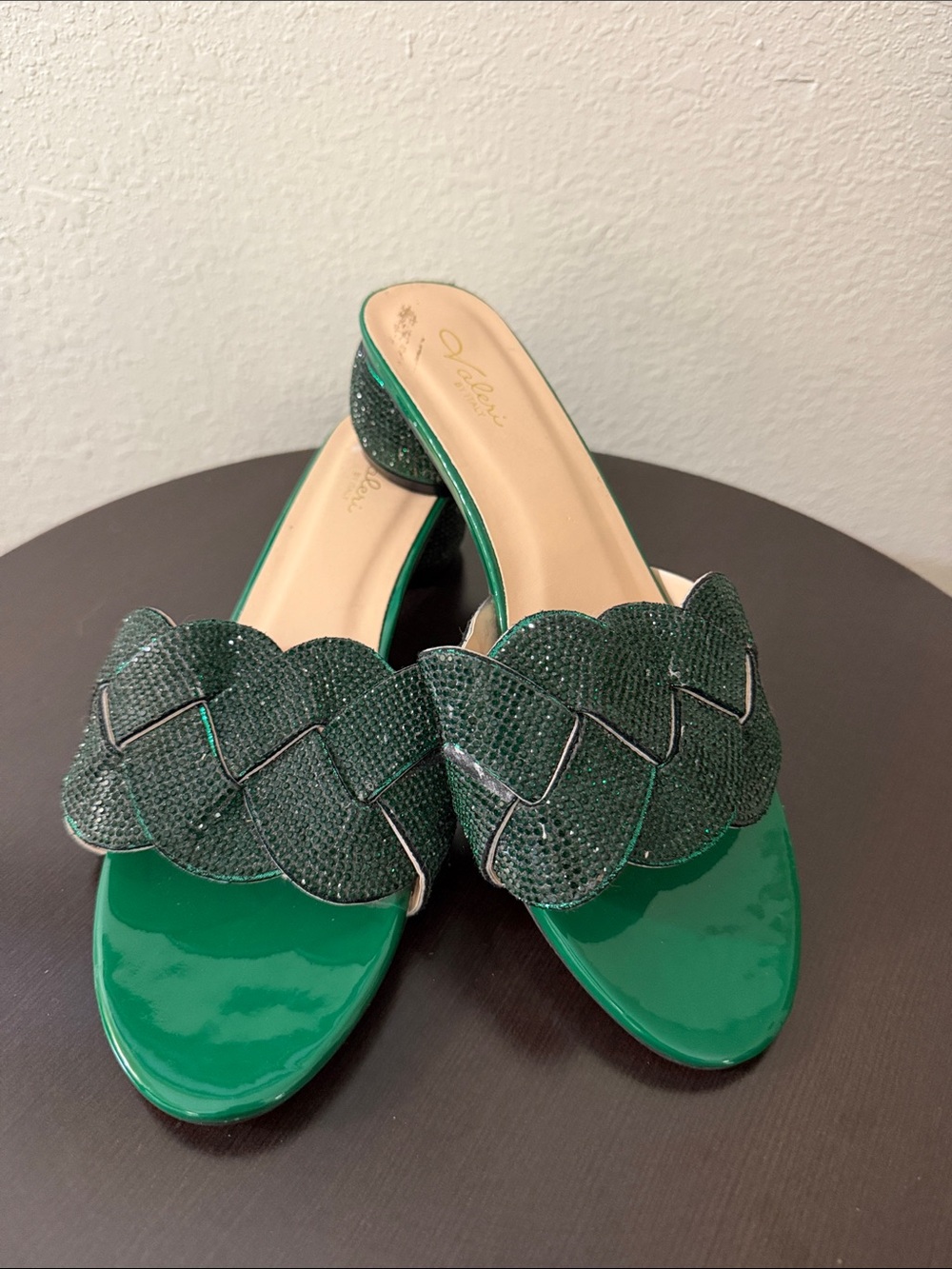 Braided Patent Slide Mules in Emerald Green by